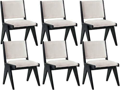 Miniatura 8 de Juego de 2 sillas de comedor color beige, modernas de mediados de siglo, sillas de comedor tapizadas de lino con patas de madera negra, sillas