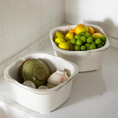 Miniatura 2 de SHIMOYAMA Colador de cocina de plástico de 3 niveles con tapa, cesta de drenaje multifunción 3 en 1 para lavado de verduras, frutas, microondas y