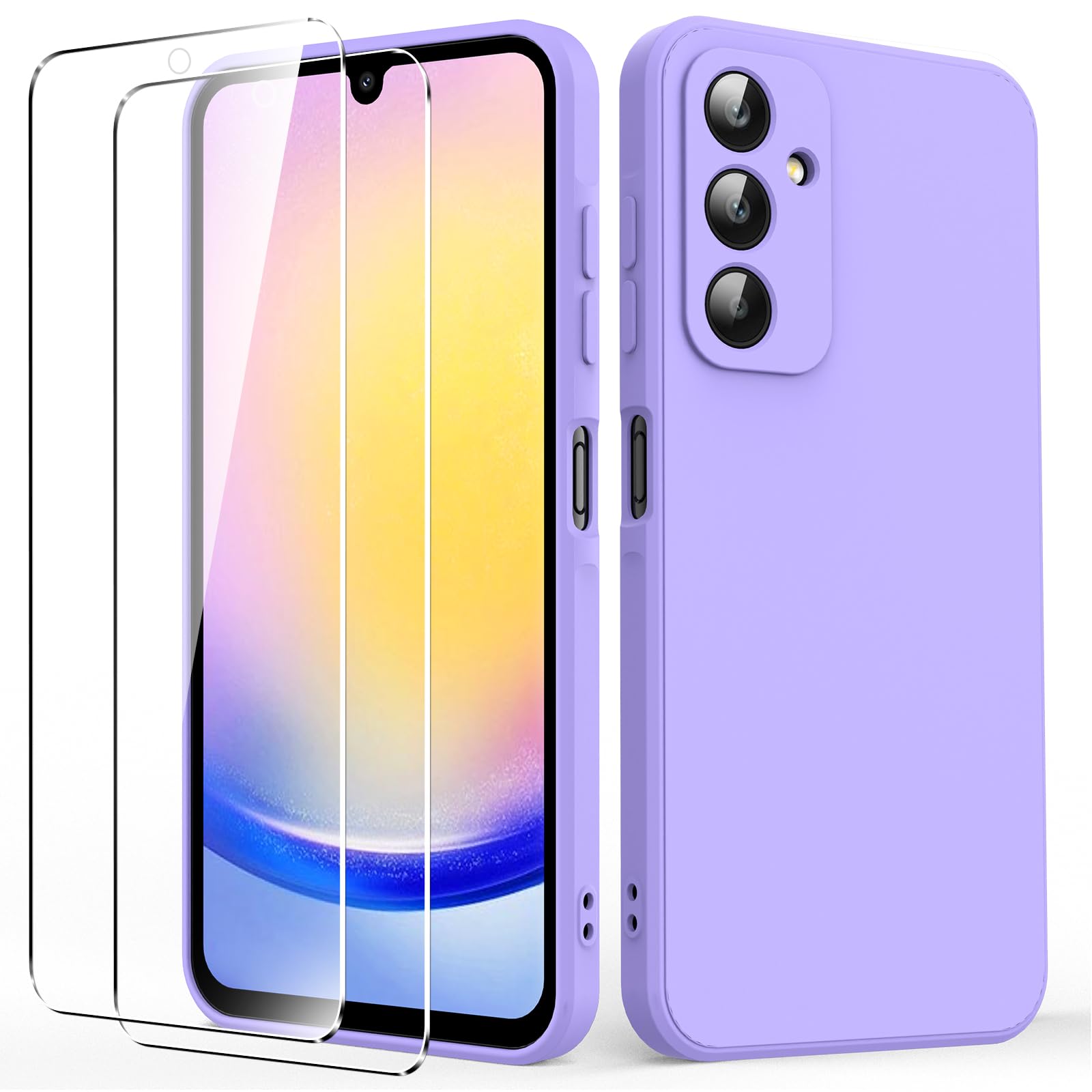 Byvuwiay Cover per Samsung Galaxy A25 5G con 2 Vetro Temperato Pellicola Protettiva, Custodia in TPU Ultra Sottile Antiurto Anti-Scratch Case, Viola
