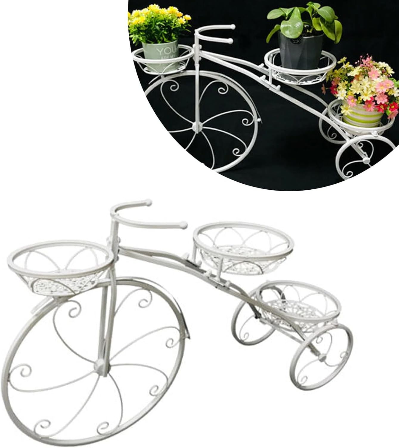 Three-wheeled Plant Stand, Iron Plant Stand with 3 Baskets, Bike Shape Plant Corner Shelf, Plant Display Rack Decor for Outdoor, Indoor, Entryway, Porches, Garden, Balcony (White)