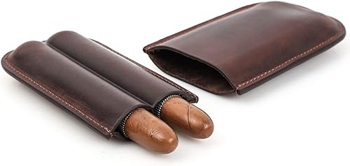 Hiram Funda de cuero genuino con 2 dedos de aceite marrón para puros, humidor de puros potable forrado de cuero natural (para dos puros marrón)
