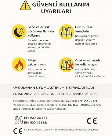 Fosforlu Reflektörlü İkaz Yeleği 5 Cm Reflektörlü Gece Görünür (Sarı)