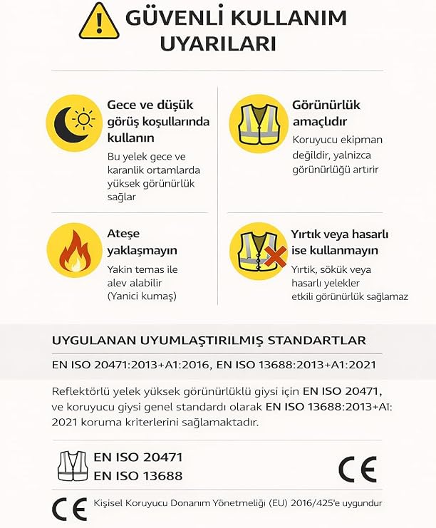Fosforlu Reflektörlü İkaz Yeleği 5 Cm Reflektörlü Gece Görünür (Sarı)