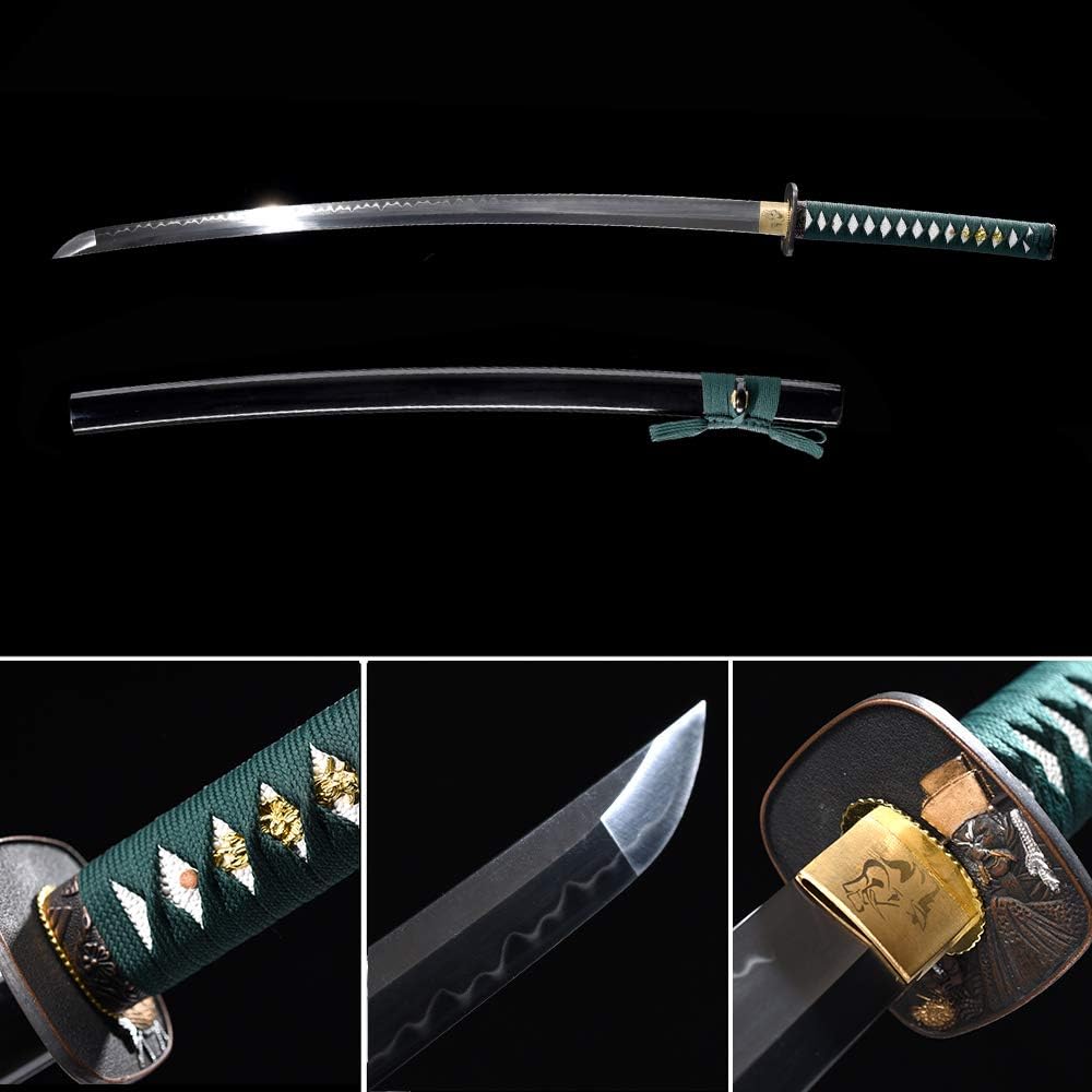 xinan2018 Samurai Katana Japanese Sword Real T10 1045 1060 1090 Battle Ready Hand Forged Damascus Carbon Steel Heat Tempered Full Tang Sharp Wooden Scabbard Handmade Black Wall Mount Steel (014)