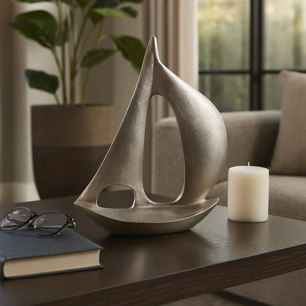 Stunning Sailboat Home Decor Sculpture - Elegant Design for Bathroom, Office, and Living Room Decor - Timeless Abstract Statues and Ornaments for Shelf Display and Coffee Table Accent - 14", Silver