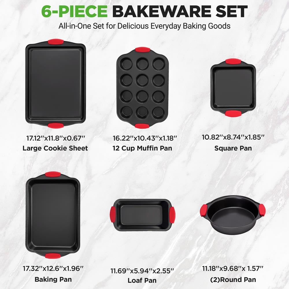 NutriChef Juego de bandejas para horno antiadherentes, juego de 6 bandejas de horno, incluye bandejas de galletas para hornear, molde para pan, moldes para magdalenas, molde para pasteles, negro con