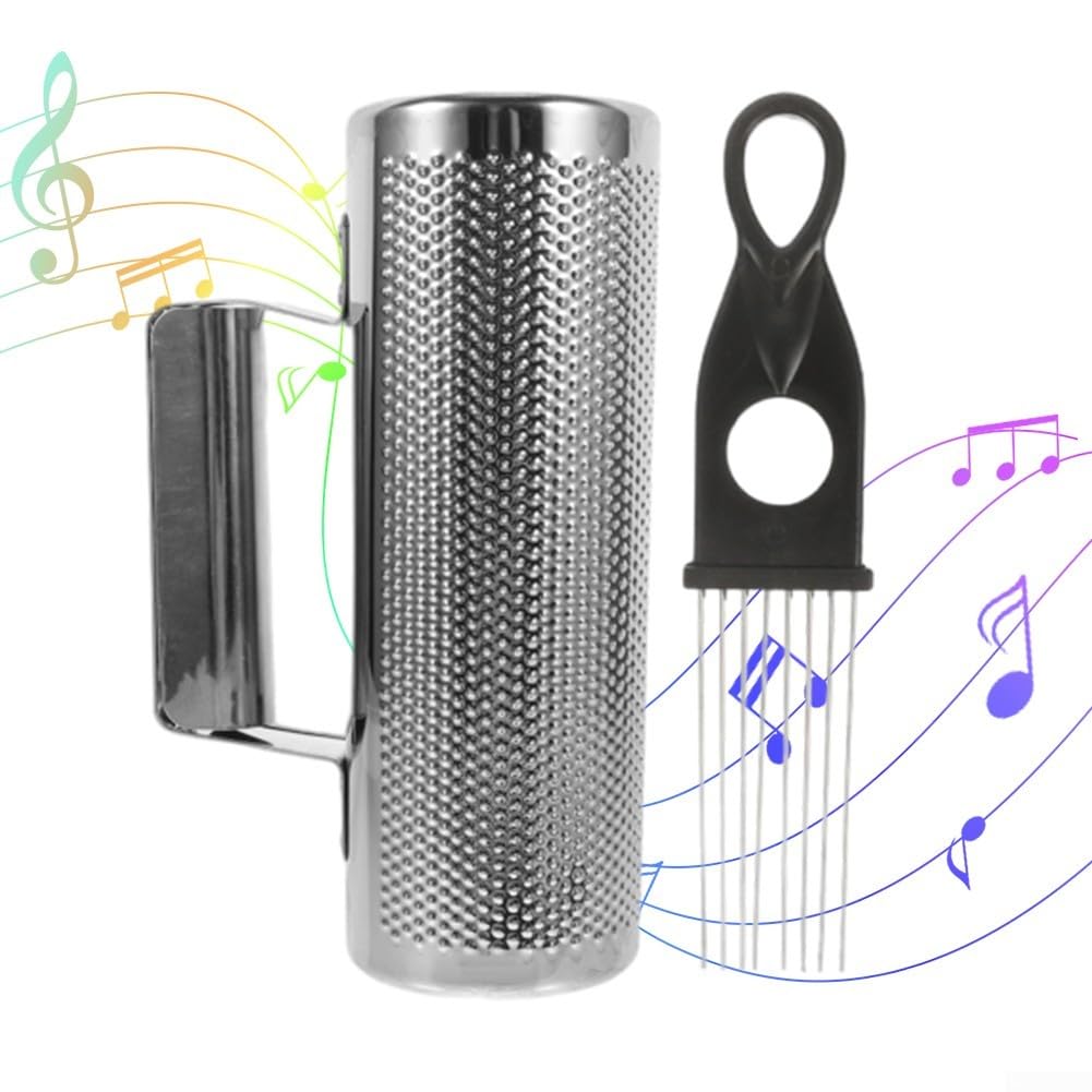 Instrument de guiro à percussion latine en acier inoxydable avec grattoir – Percussion à la main à corps creux pour musique rythmique, comprend un San en métal (7,6 cm, 20,3 cm)