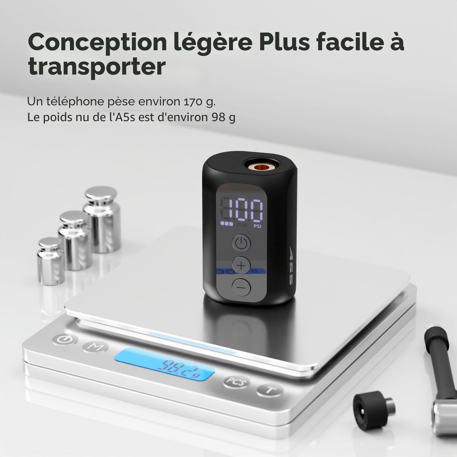 A5S Mini Pompe à air, électrique pour vélo Pompe,Électrique Compacte Max 100 PSI,Arrêt Automatique,Valves Presta et Schrader pour VAE, VTT et Vélo de Route(98g)