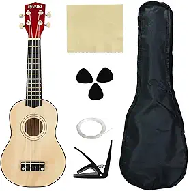 ANVAR VEDO UK10 Ukulele Concert 23 Polegadas em Madeira de Tília, Kit Completo com Alça, Capotraste e Estojo - Bege Ideal para Iniciantes e Músicos Profissionais