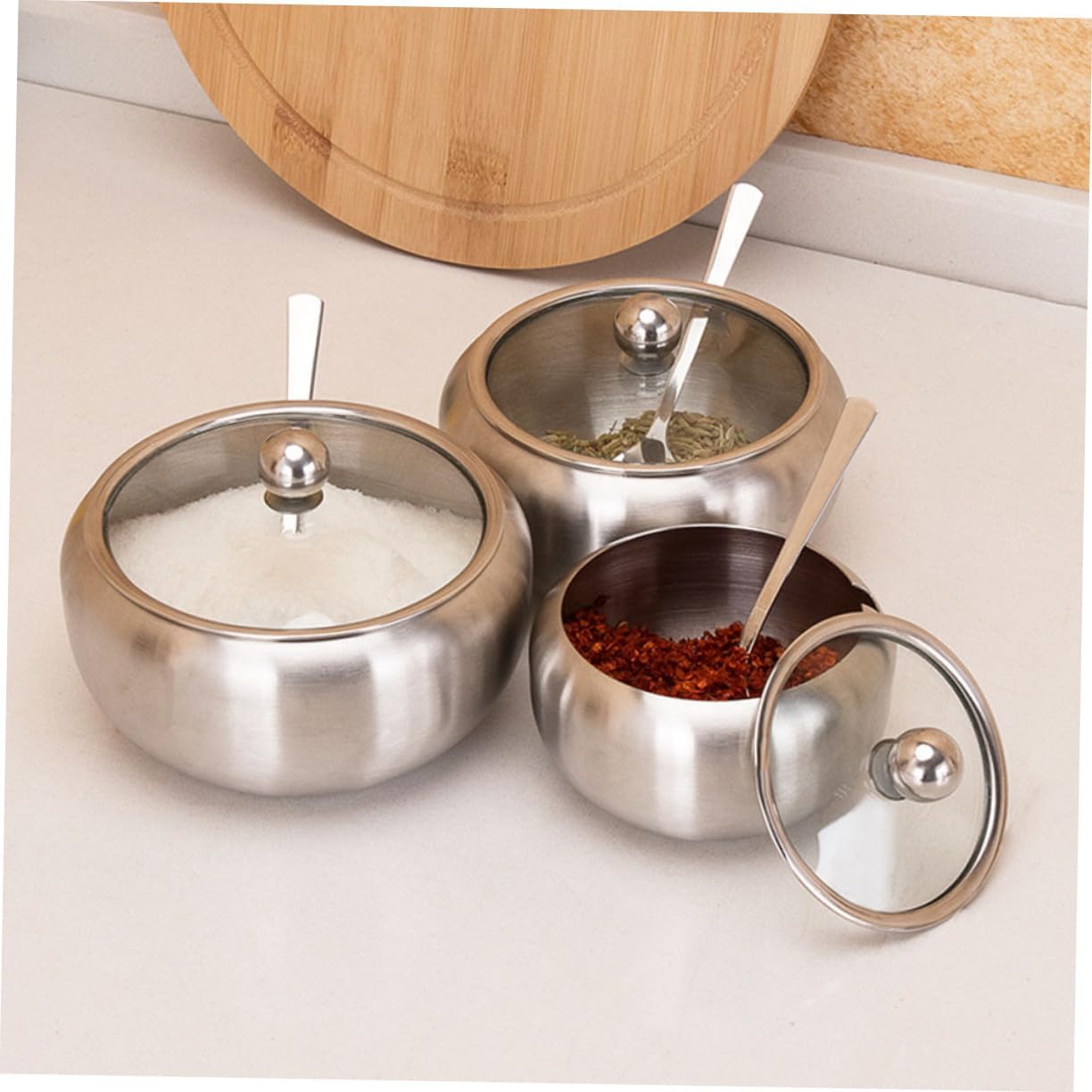 Stainless Steel Spice Jar with Lid and Spoon, Large Silver Condiment Pot