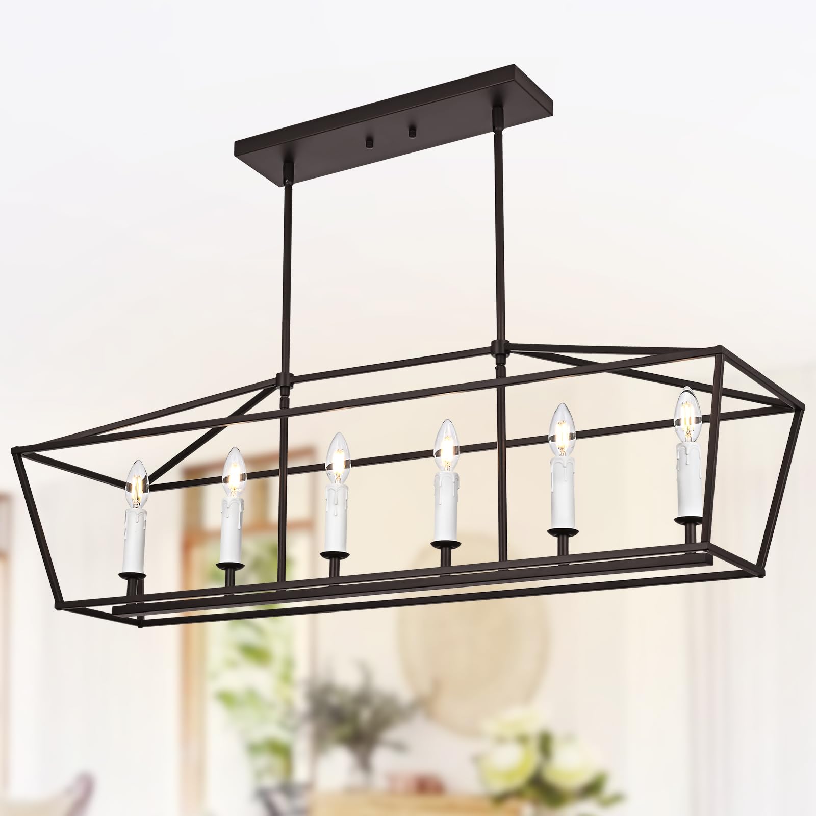 6-Light Kitchen Island Pendant Lighting Fixture, Farmhouse Linear Chandelier for Dining Room Over Table, Oil Rubbed Bronze &amp; E12 Bulb Base