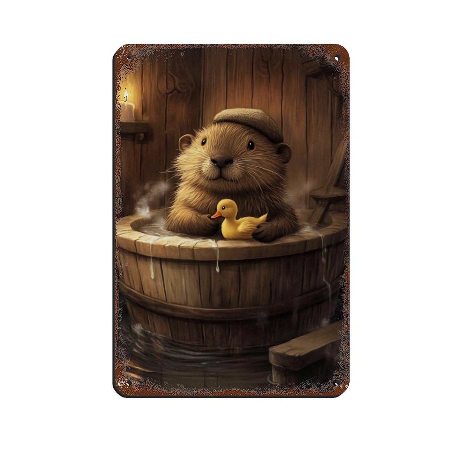 Lxwnze 20L X 30W Cm Cute Otter, Baby Otter With Rubber Duck Tin Sign Vintage Metal Pub Club Cafe Bar Home Wall Art Decoration Poster Retro 8X12inch(20X30cm)