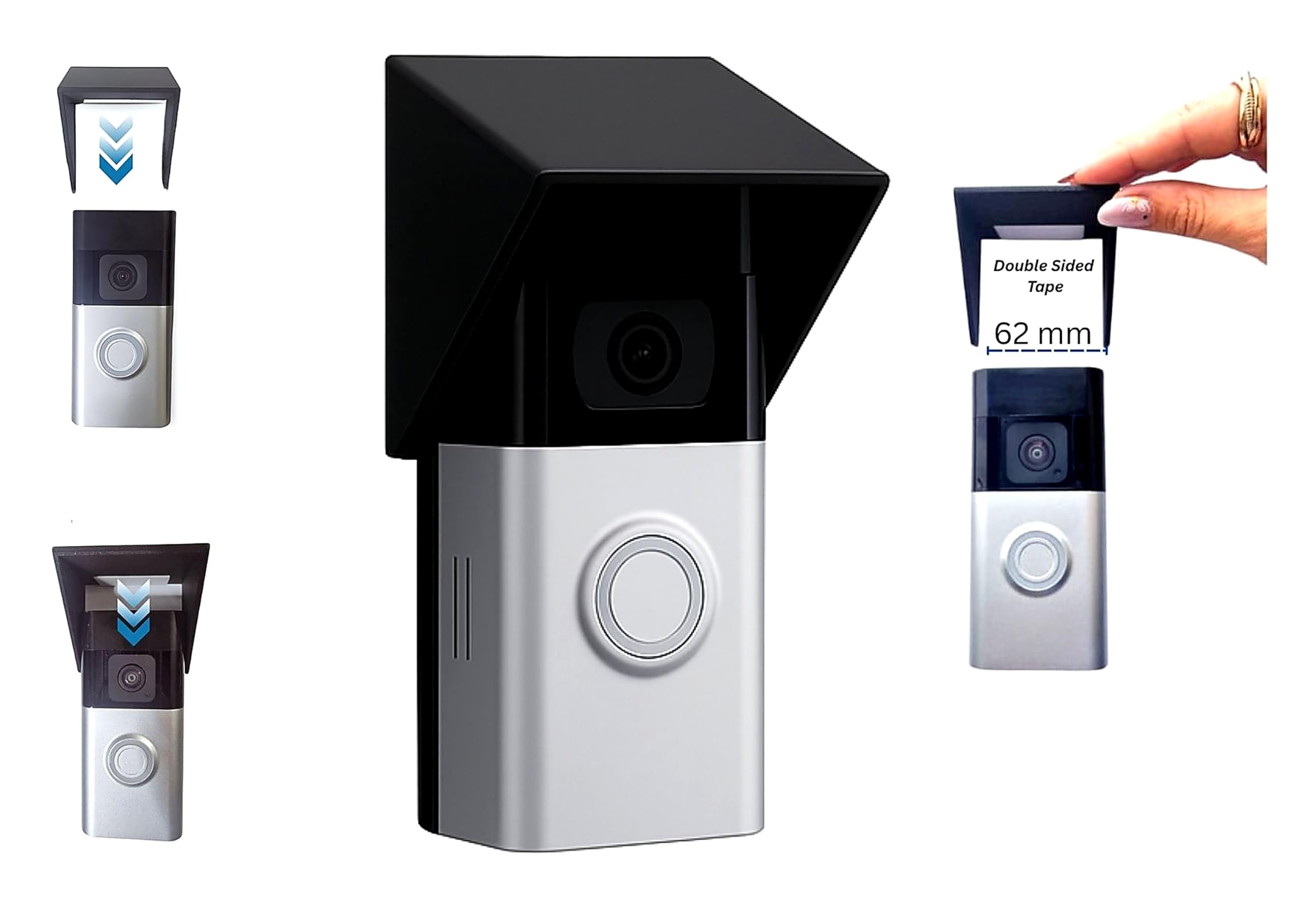 Decorative Rain and Sun Cover - Compatible with Ring Battery Doorbell 3, 3 Plus, 4 and Battery Plus (62mm Inside) - Weatherproof Anti-Glare Protective Housing - Flat (Black)
