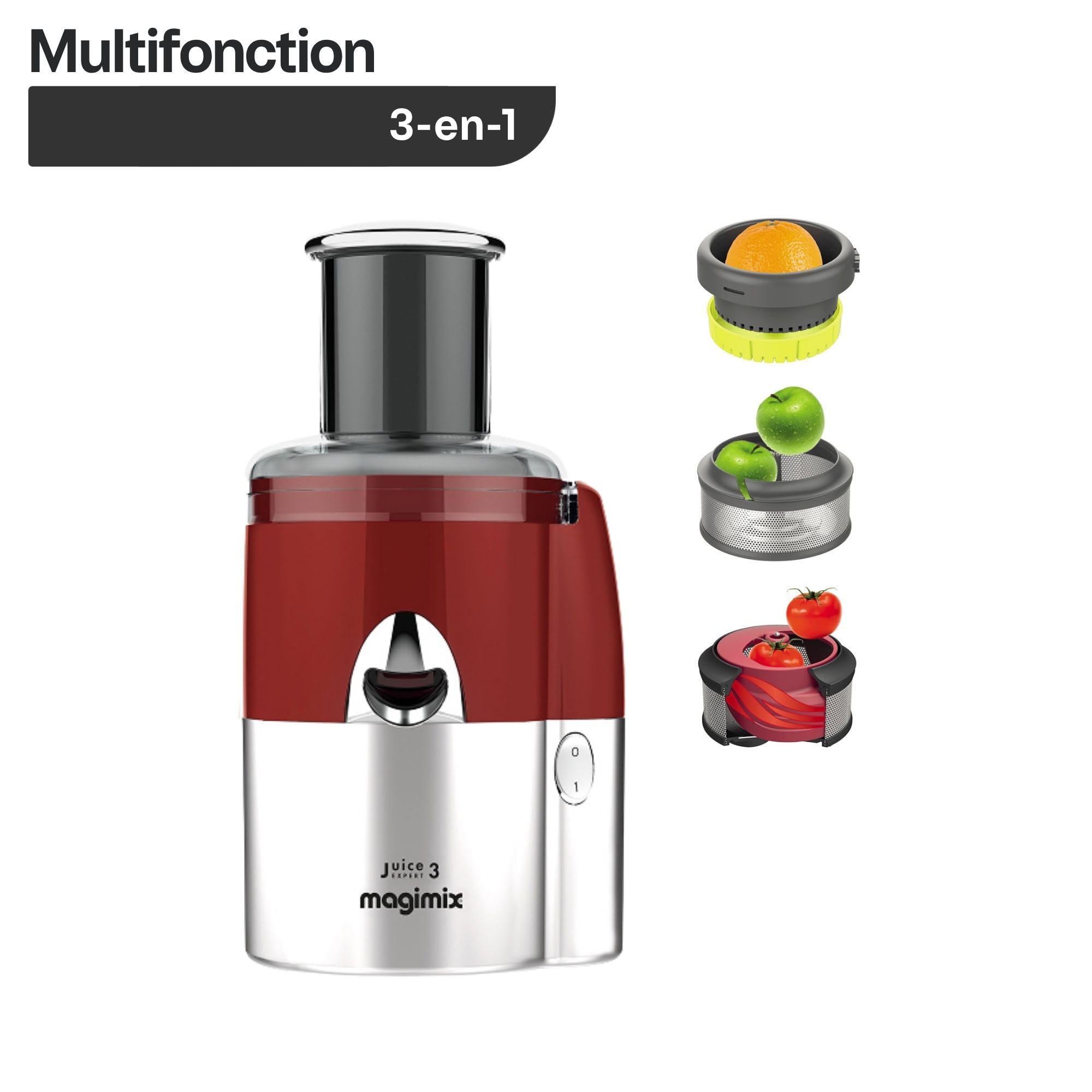 magimix Extracteur de Jus Multifonction 3 en 1 – Presse Agrumes, Centrifugeuse et Extraction à Froid – Moteur Puissant, Sans BPA, Facile à Nettoyer – Idéal Fruits & Légumes – Rouge