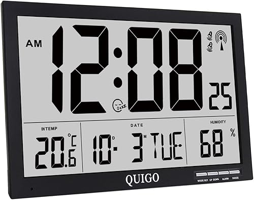 QUIGO Reloj de pared digital grande con pilas para día, fecha, temperatura, escritorio, dormitorio, oficina, 17 pulgadas (negro)