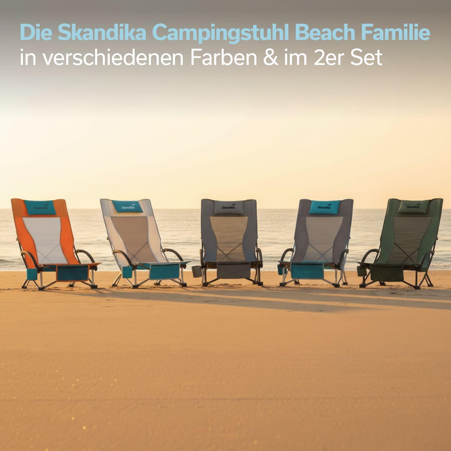 Skandika Strand Campingstuhl Beach | Bequemer Strandstuhl mit atmungsaktivem Mesh, Getränkehalter, niedrig, leicht zu transportieren, max. 136 kg | Faltbarer Klappstuhl, Liegestuhl (beige/türkis)