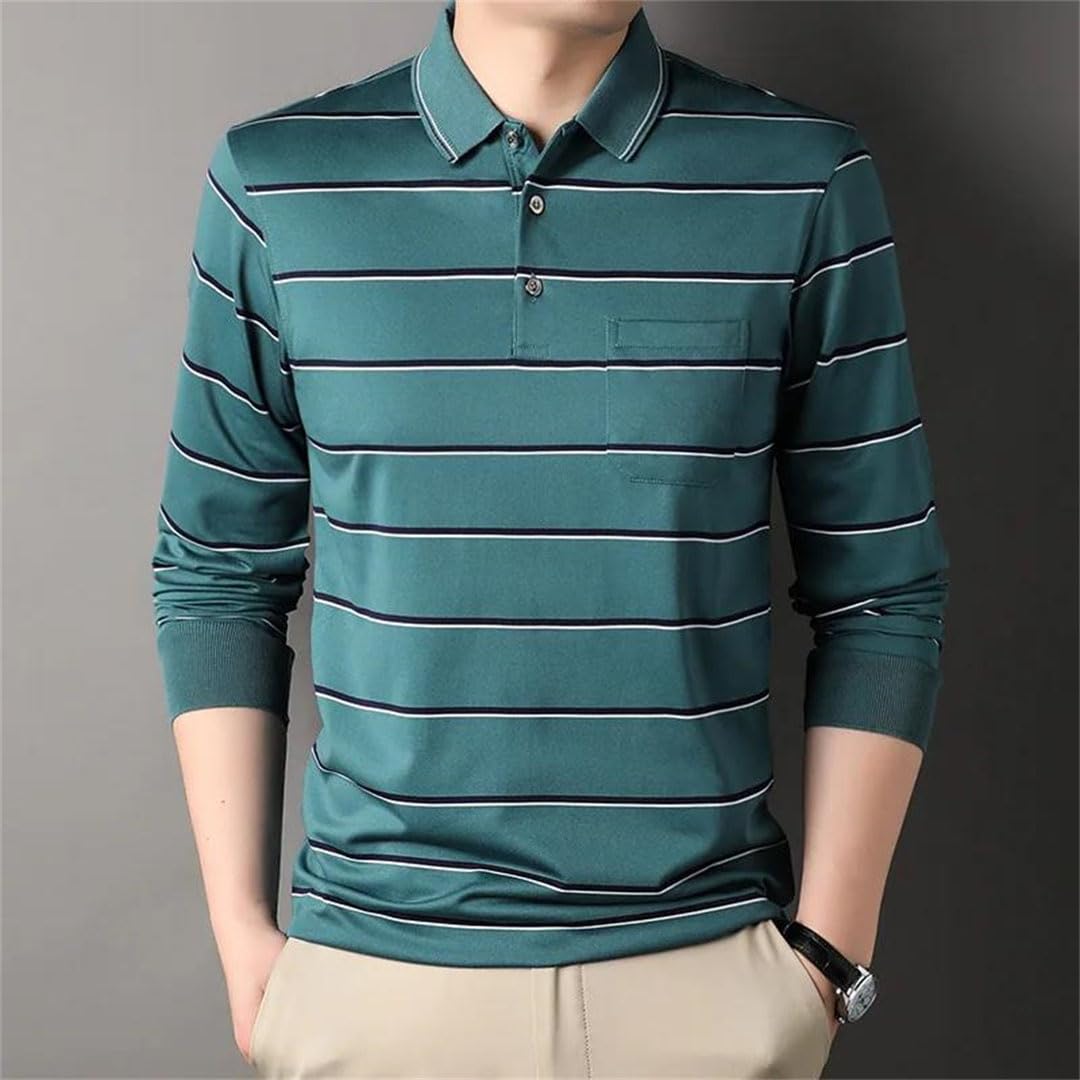 Polo a rayas para hombre, cuello vuelto, bolsillos, manga larga, suéter suelto