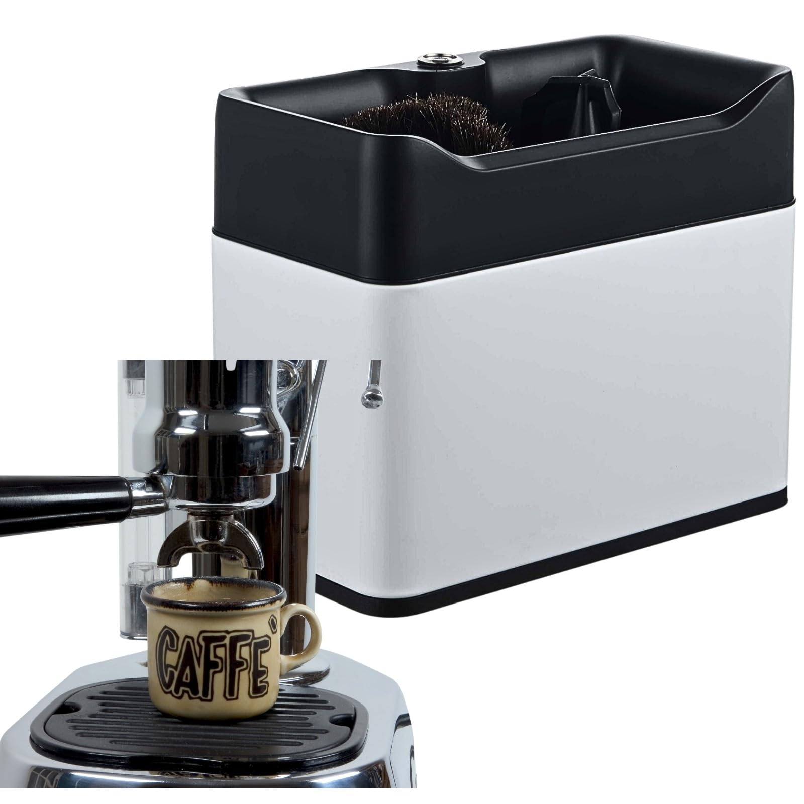 Macchina per la Pulizia dei Fondi di caffè – Pulitore Elettrico ad Alta capacità con 3 Raschietti e 3 modalità di Fissaggio (51mm e 58mm); Ideale per Bar e Uso Domestico White