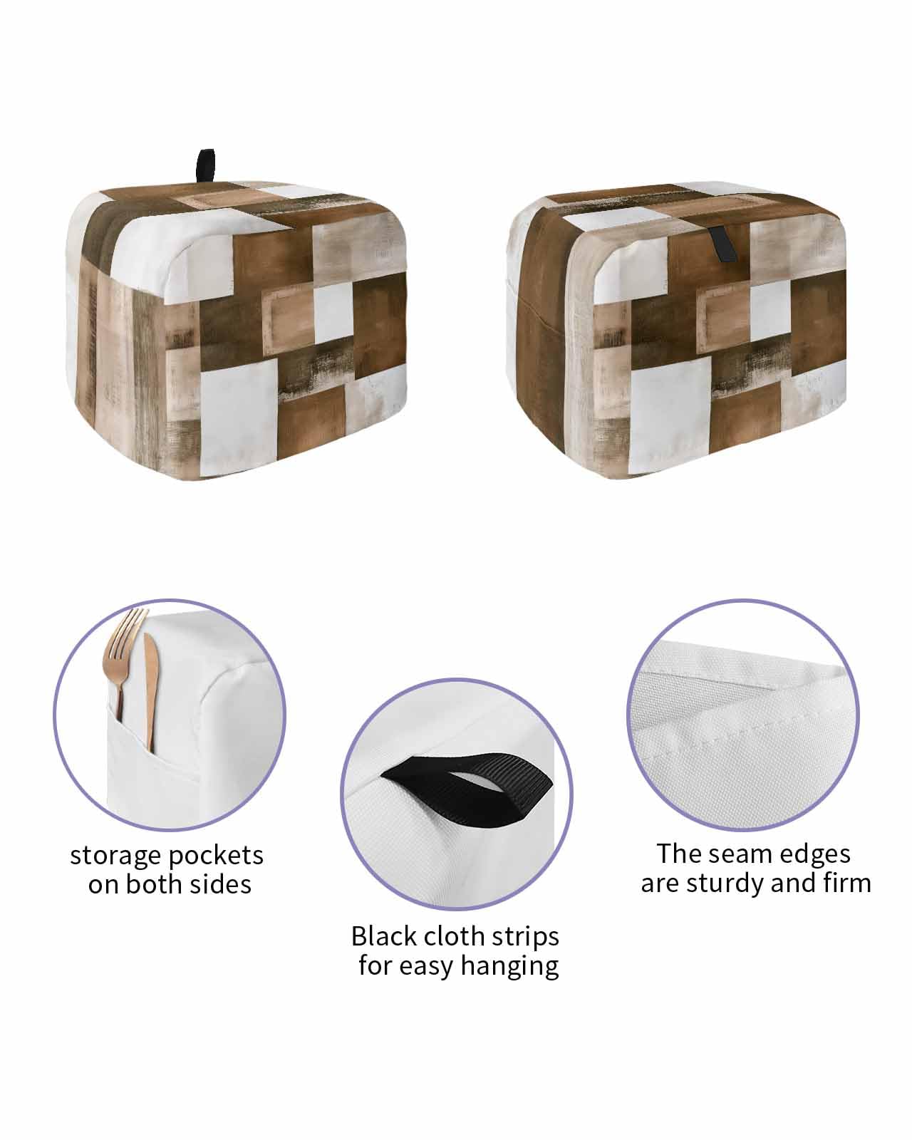 Brown Geometric Toaster Cover 2 Slice, Vintage Oil Painting Contemporary Dustproof Bread Machine Oven Cover with Storage Pockets, Fits Most Kitchen Toasters Protector