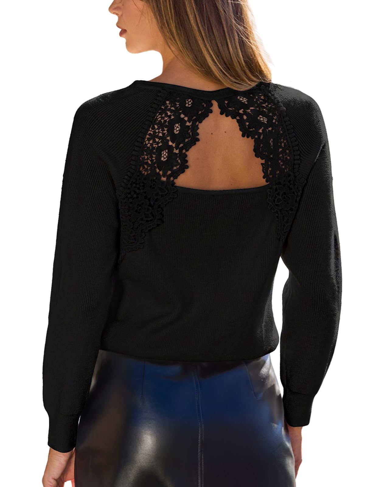 CUPSHE Womens Fall Dresses Lace Open Back Long Sleeve V Neck Cut Out Backless Knit Top