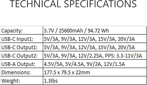 Miniatura 7 de SunJack Banco de energía portátil de 25,600 mAh  100 W - Cargador de computadora portátil USB-C PD de alta capacidad con carga rápida QC3.0, carga