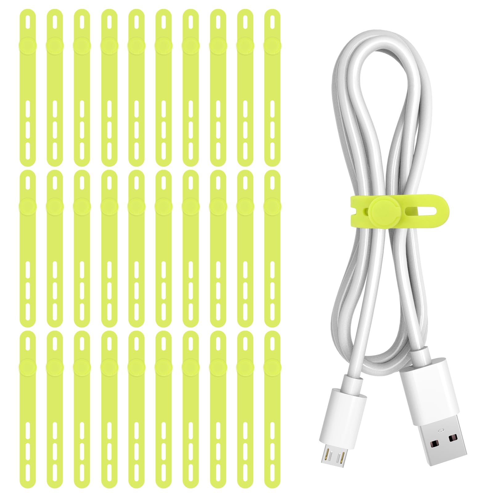 Donruby 30Pcs Silicone Cable Ties - Reusable, Washable with Adjustable Locking Design, High Elasticity Cable Strap Ties for Home, Office, Kitchen, School, Travel Essential Cord Organizer (Green)