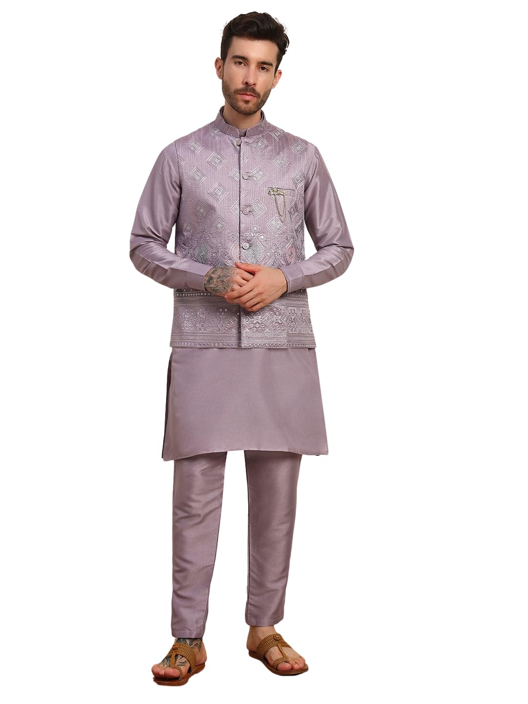 pro-ethic style developer Mens Heavy Cotton Silk Sequence Kurta Trouser Set With Waistcoat (Nehru Jacket) (C-118)-picture-45