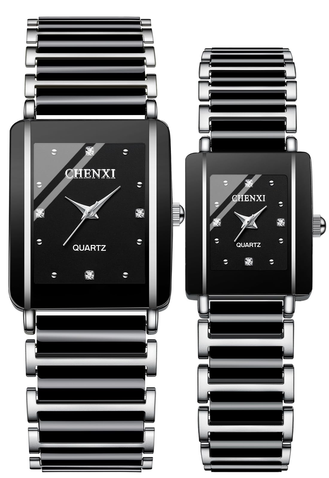MASTOP Valentines Paar Quarzuhren Weiß Schwarz Rechteck Edelstahl für Sie und Ihn Armbanduhr für Männer Frauen Liebhaber Hochzeit Romantisches Geschenk Set von 2