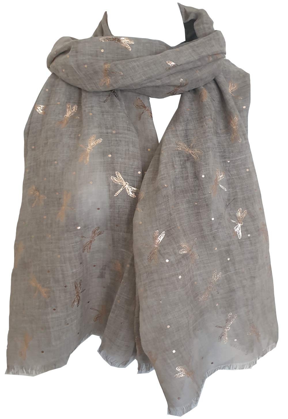 GlamLondon Dragonfly Pattern Scarf Shawl Latest Glitter Rose Gold Foil Dragonflies (Silver Grey)
