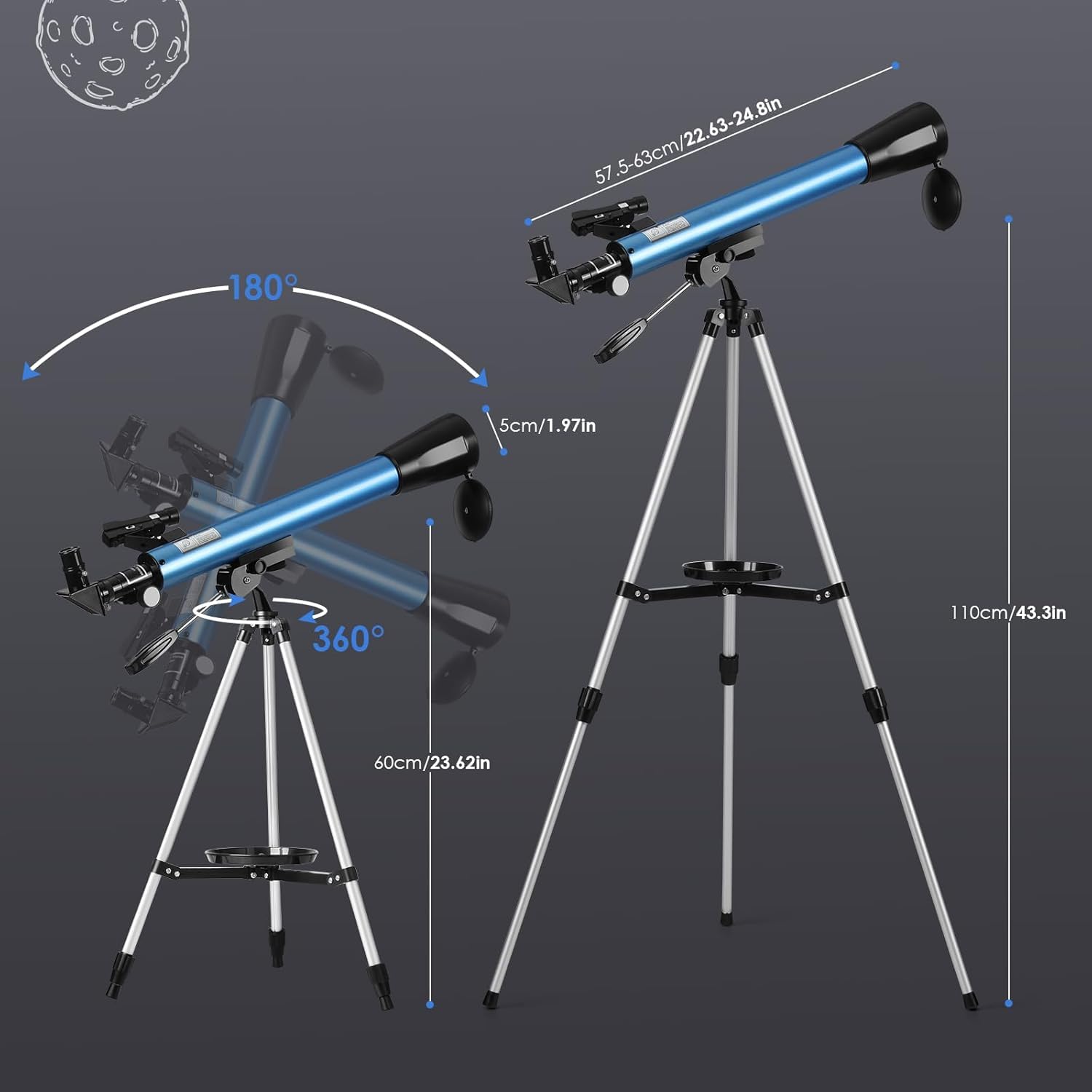 Astronomisches Teleskop, 50/600 mm, Refraktor-Teleskop für Kinder und Anfänger mit Rotpunktvisier, Stativ, Telefonadapter, 2 Okulare H12,5 mm und H20 mm