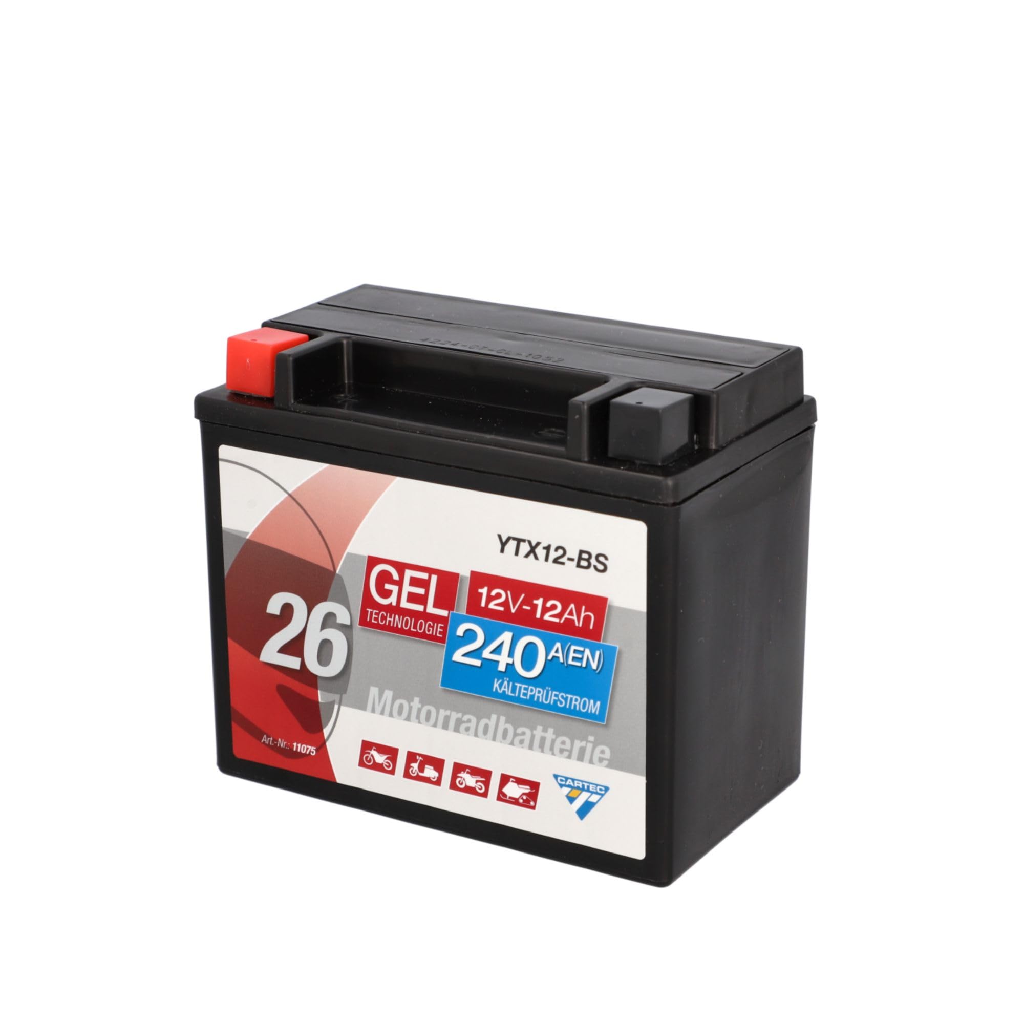 Batería de motocicleta CARTEC YTX12-BS, 10Ah, 180A, batería de arranque de motocicleta con tecnología de gel, calidad OEM, ciclo profundo, almacenable, sin mantenimiento