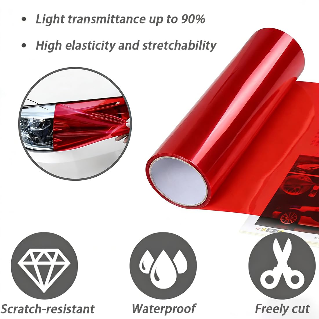 1 Pcs Car Light Tint Film 12 X 48inch,Cuttable&Stretchability Car Headlight Taillight Fog Light Vivid Vinyl Wrap Protector,Non-Marking Self-Adhesive Decals Car Decor mit squeegee,red - 5