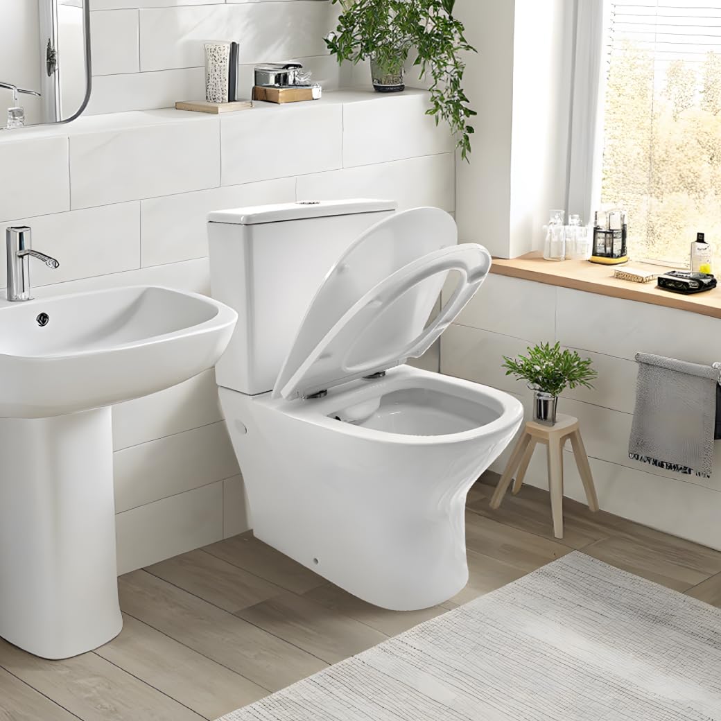 Inodoro Completo - WC Inodoro Completo con Sistema Rimless Antibacterias - Vater Baño con Tapa UF Termodurente Amortiguada - Inodoro Salida Dual Eficiente con Ahorro de Agua - WC para Hogar Blanco