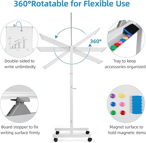 Miniatura 4 de Pizarra blanca móvil, pizarra magnética de borrado en seco de 40 x 24 pulgadas con soporte, pizarra blanca rodante de doble cara con marco de