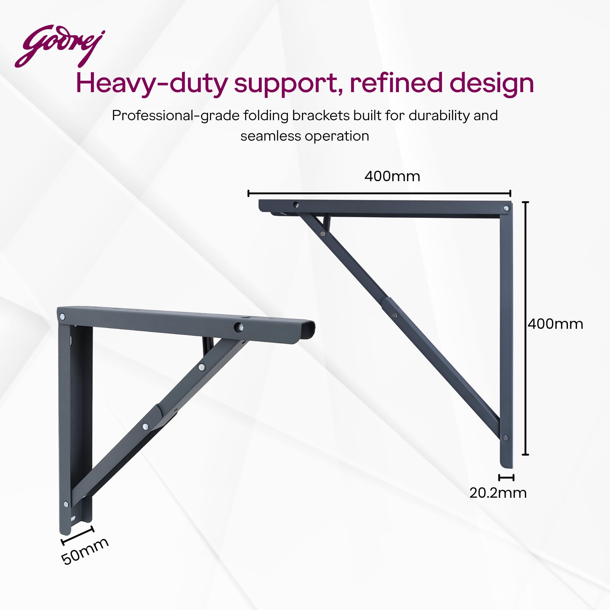 Godrej Furniture Fitting I Wall Mount Folding Table/Shelf Brackets (16 inch / 400mm, 100kg Capacity, 2 Units) ||Steel Fold-Down Bracket for Wall Mounted Tables, Desk with 1 Year Warranty — Amazon image 4
