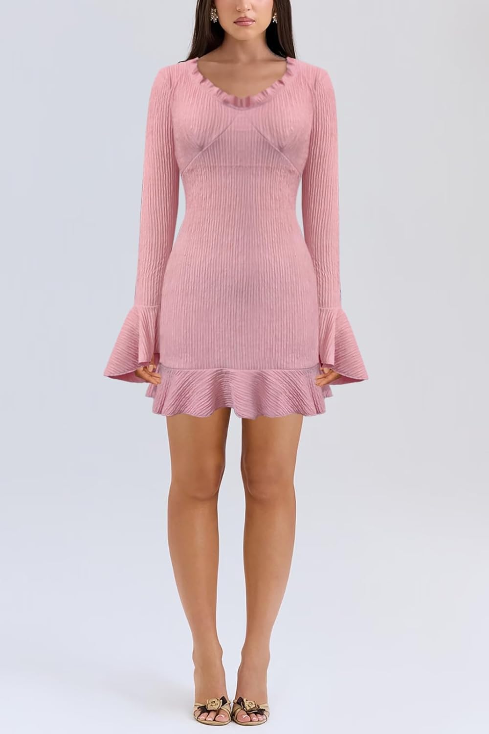 Women's Cocktail Bodycon Sexy Plunge Ruffle Hem Mini Dress Long Flare Bell Sleeve Cocktail Club Party Short Dress - Image 2