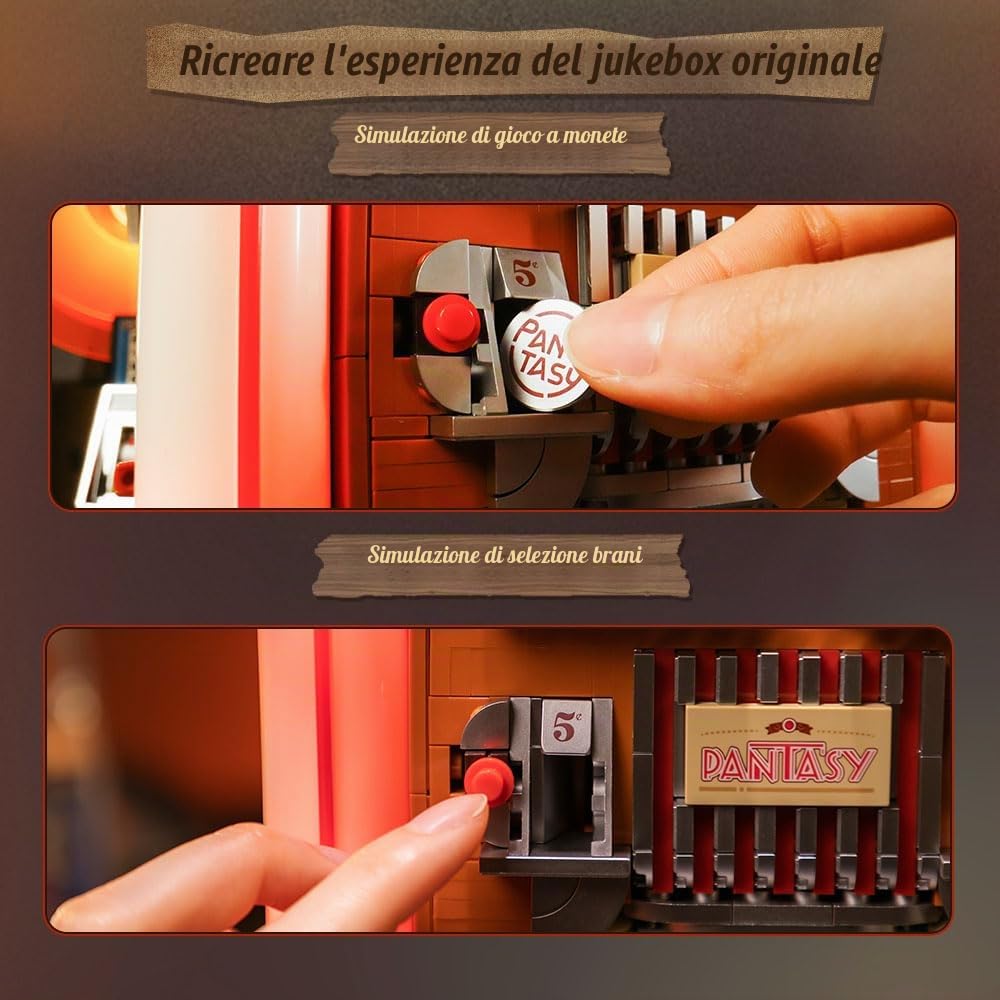 PANTASY Kit retrò jukebox con moneta e suono, modello musicale meccanico con dischi in acrilico, studio di registrazione e minifigure, kit da collezione come regalo per adulti e adolescenti
