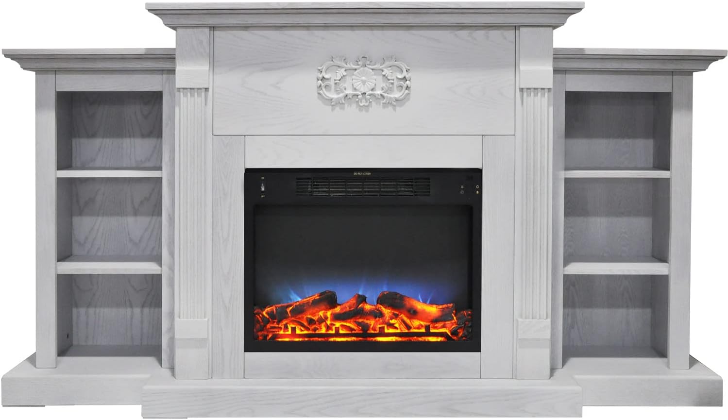 Cambridge Sanoma 72 Inch Freestanding Electric Fireplace Heater with Traditional Mantel, Built-In Bookshelves, LED Multicolor Flames, Timer, Remote Control, Log Display, White