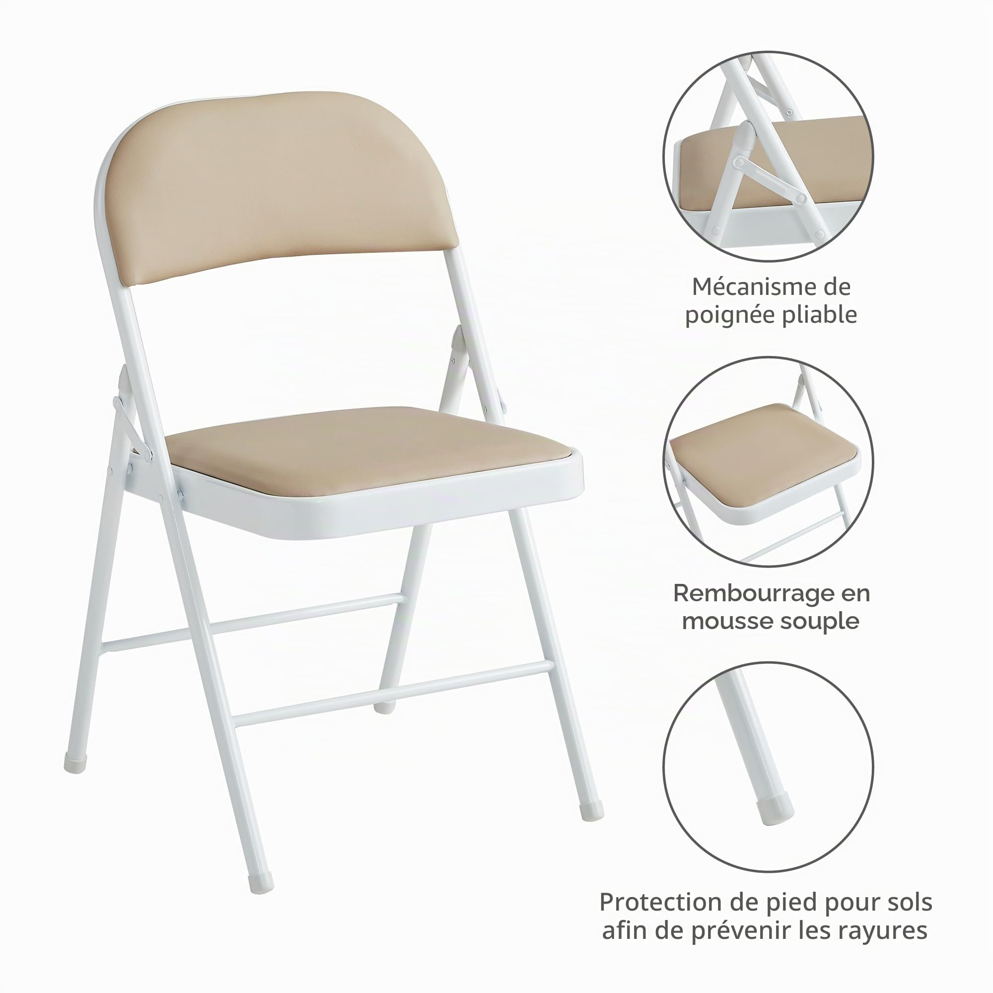 McC Direct Lot de 6 chaises pliantes en cuir synthétique, cadre en métal et siège rembourré, facile à plier et à ranger pour la maison, le bureau, la salle à manger et la réception (beige)