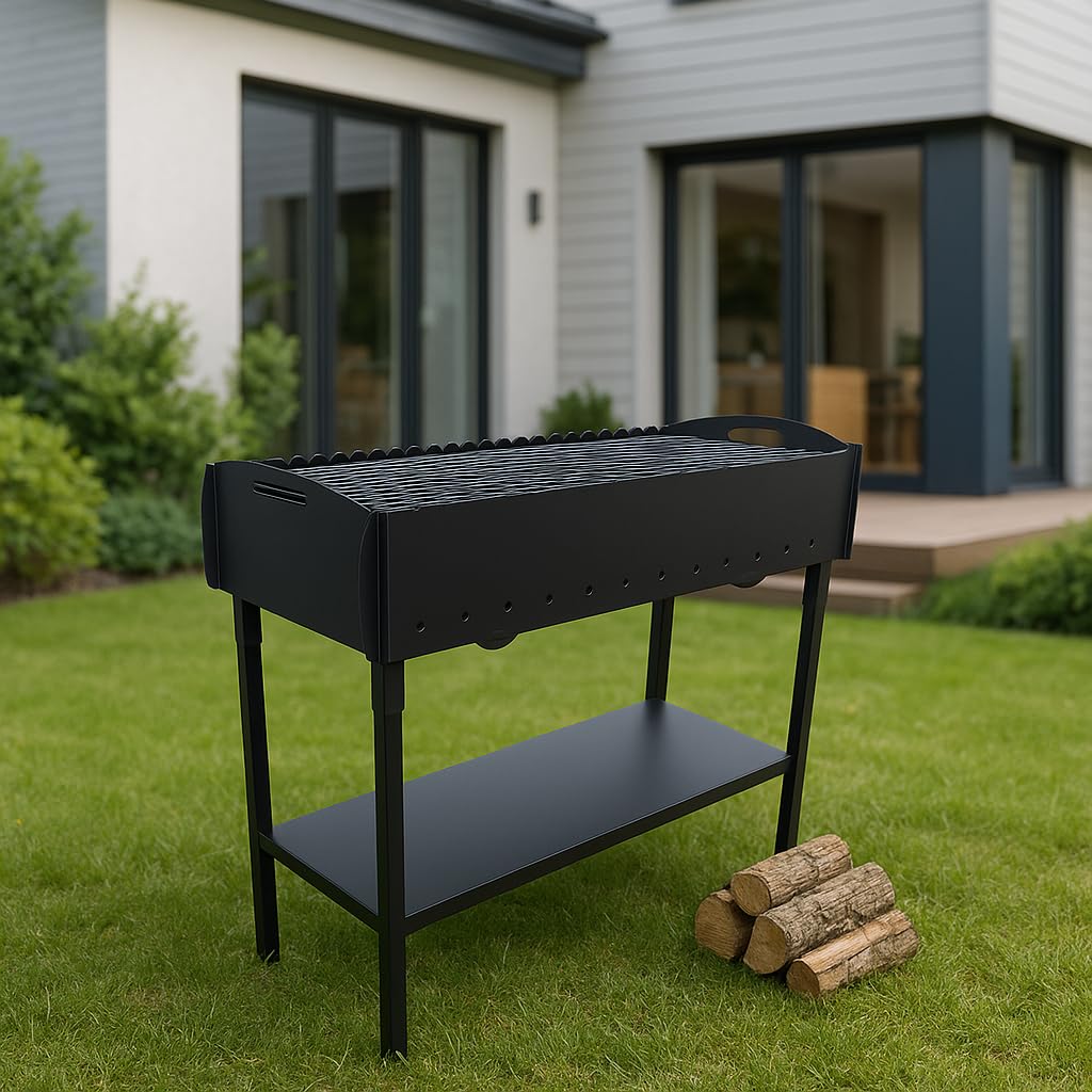 Gartengrill | Schaschlikgrill für 21 Spieße – Massiver Holzkohlegrill aus 3 mm Stahl, zerlegbar & kompakt verstaubar, stationärer Metallgrill für Garten, Terrasse & Outdoor BBQ