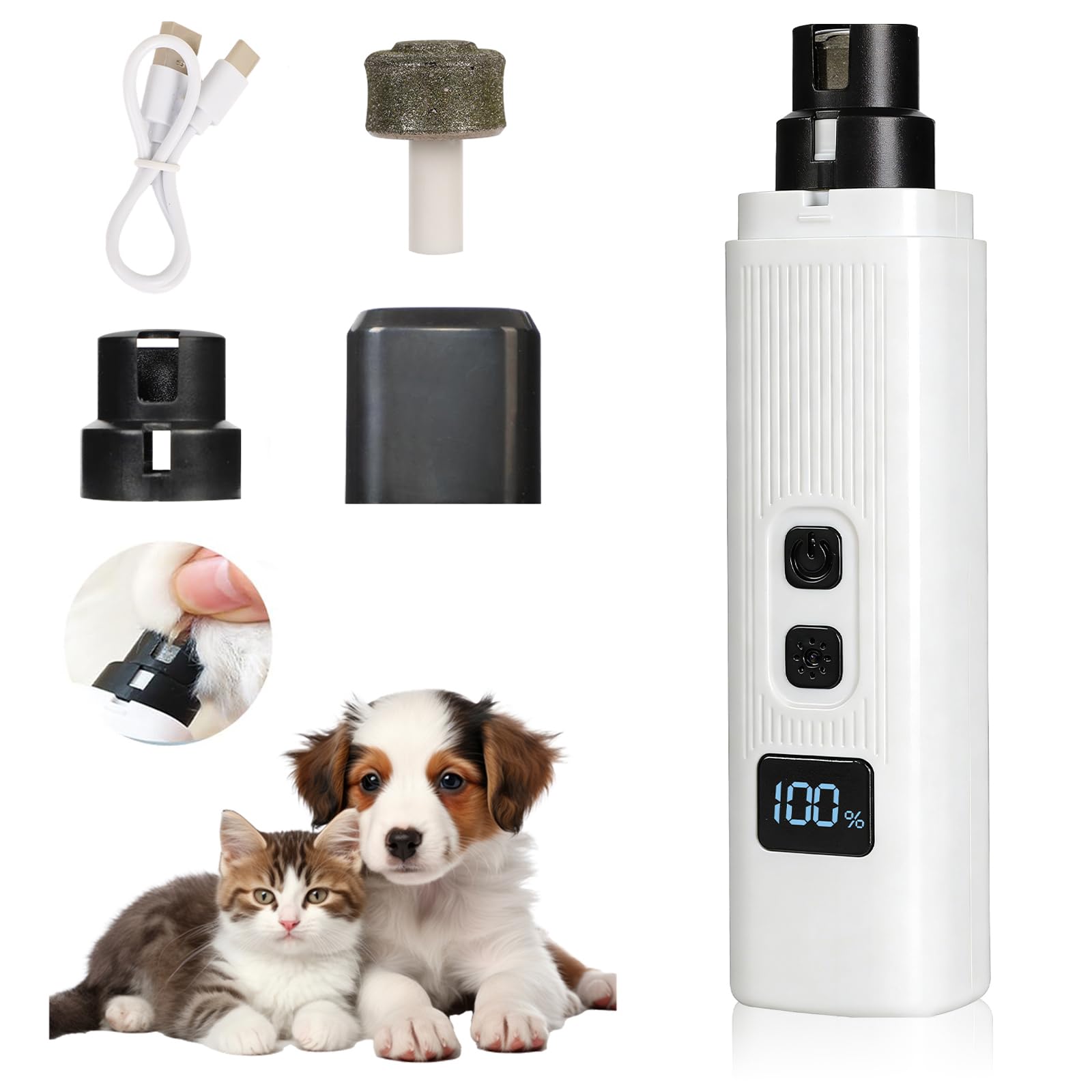 Cat Nail, Upgraded Safe Cut Cat Nail Trimmer, Two Adjustable with 360&deg;Grinding Settings, Low-Vibration Ultra-Quiet Under 40dB, Powerful Enough for All Cats and Dogs (White)