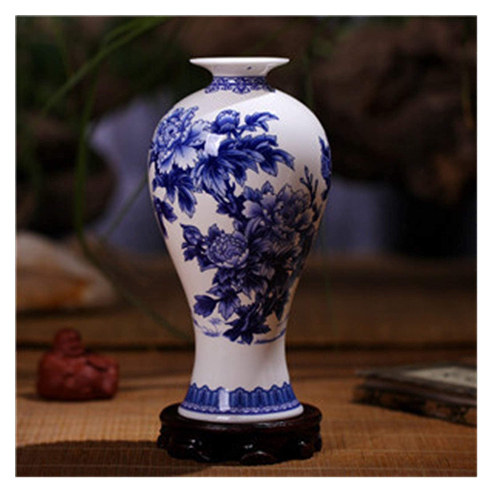 asdchZen Blue And White Porcelain Vase Bone China Peony Decoration Ceramic Crafts