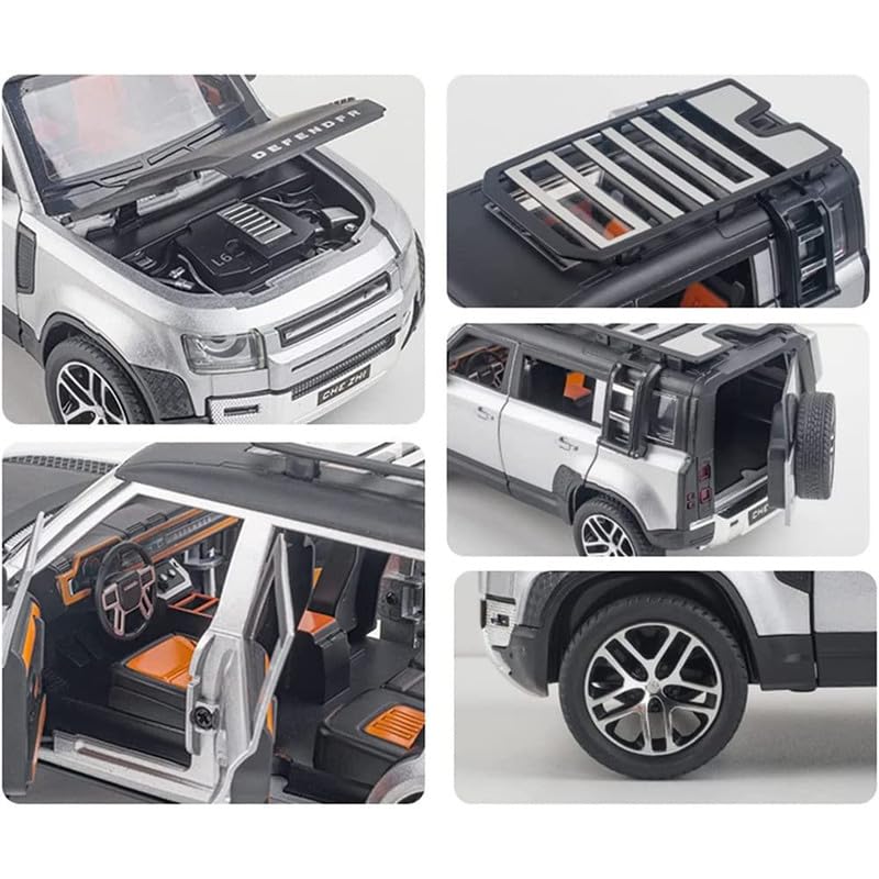 Image of Kids Model 1:24 Land Rover Defender Die Cast Metal Car Pull Back Action Opening Doors with Realistic Engine Sound Lights Toy Car Gift for Boys - Silver
