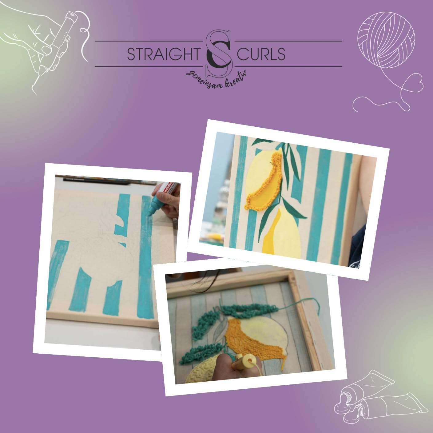 Punch Needle & Acryl Starterset „Zitrone“ – modernes DIY Kreativset für Erwachsene & Anfänger | inkl. Garn, edding Acrylstifte, Keilrahmen 40×30 cm & gedruckter Schritt für Schritt Anleitung
