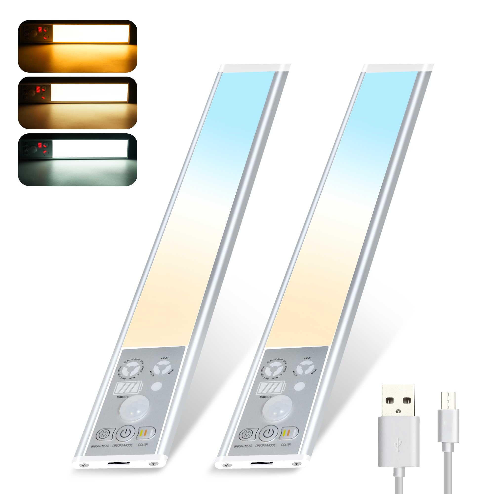 YM E-Bright Under Cabinet Lighting, 2 Pack LED Closet Lights 10 Brightness Dimmable 1500 mAh Motion Sensored Lights with Power Display, Rechargeable Magnetic Light for Kitchen, Bedroom, Car