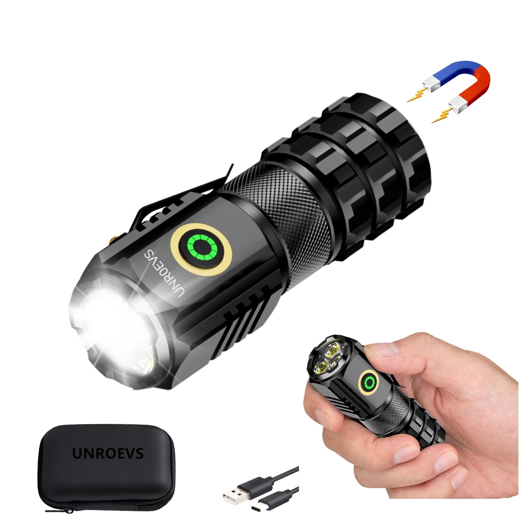 UNROEVS XC06 LED Small Flashlight Rechargeable,Pocket Flashlight with Magnet,Super Bright Compact EDC Flashlight,5 Modes Mini Flash Light for Camping,Emergency.