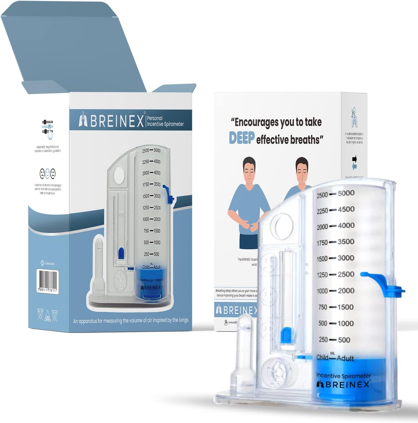 Incentive Spirometer BREINEX | Measures Inspiration | Washable and Hygienic | Breath Measurement | Breathing Trainer | Improve Lung Capacity | Hygienic Sealed