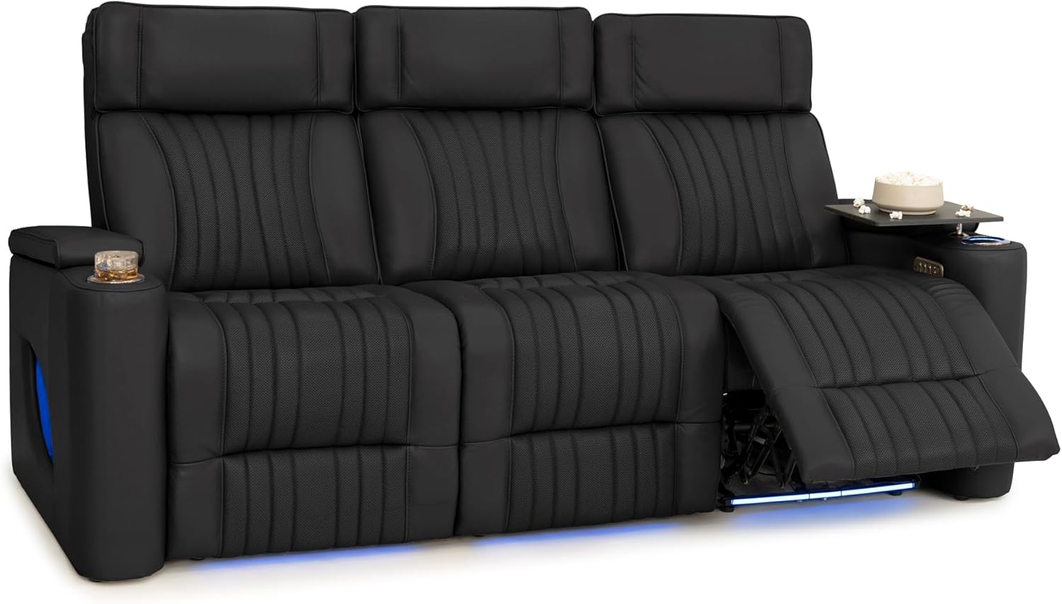 Seatcraft Valore Zero-Gravity HeatZero Italian Leather Home Theater Seating, Heat & Massage, Power Headrest, Power Lumbar, Row of 4 Dual Loveseats, Black