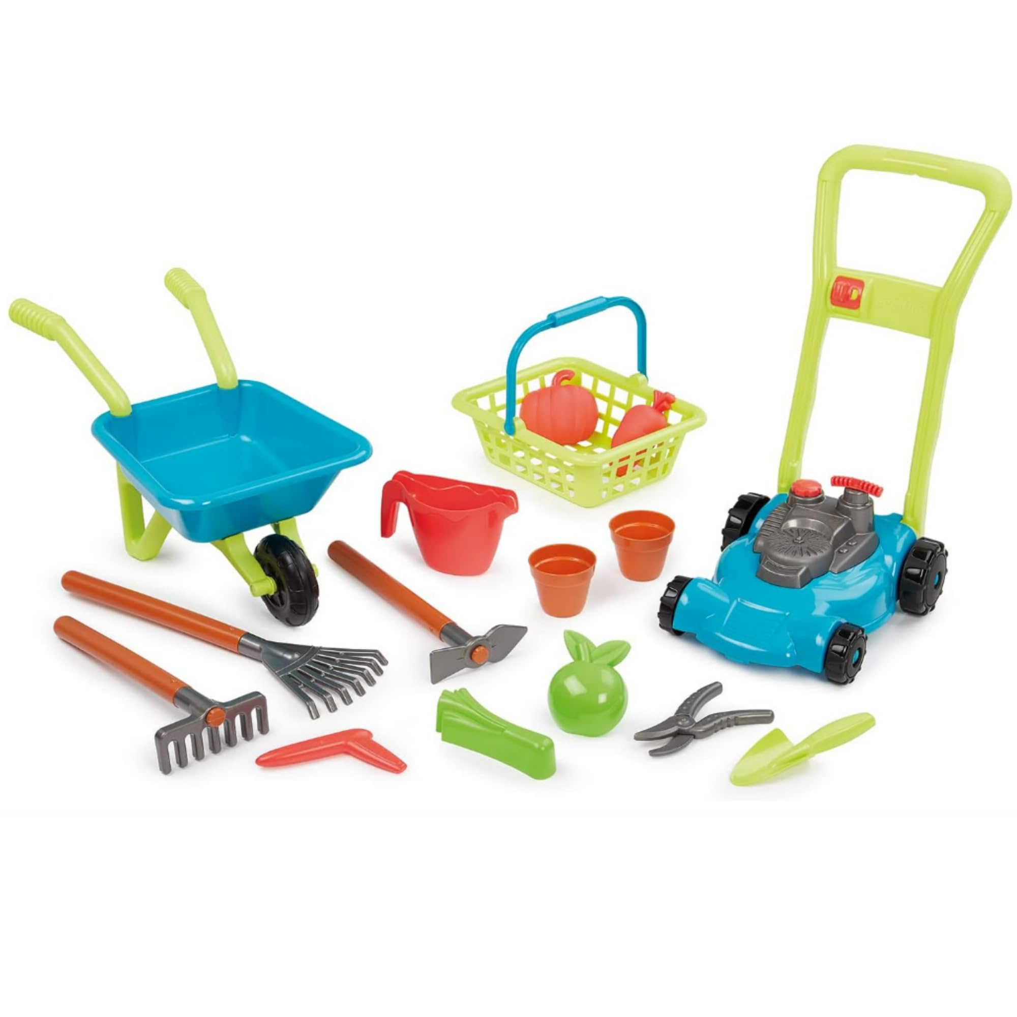 Ecoiffier Garten-Set 3-in-1: Rasenmäher, Schubkarre, Korb und Gartenzubehör