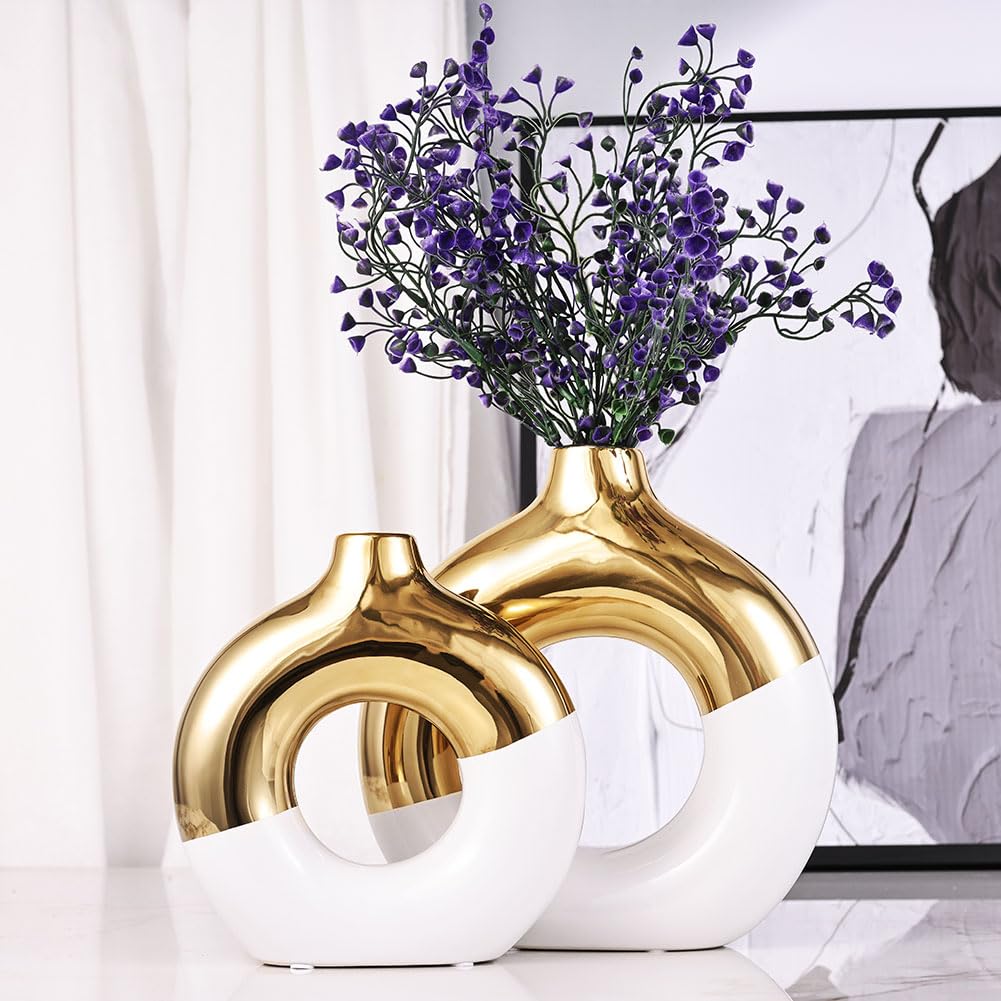 Set di 2 vasi in ceramica bianca e oro, vaso da fiori per decorazione domestica, vaso a ciambella per scaffale, vaso decorativo moderno bohémien, vaso rotondo per erba della pampa, perfetto per tavolo